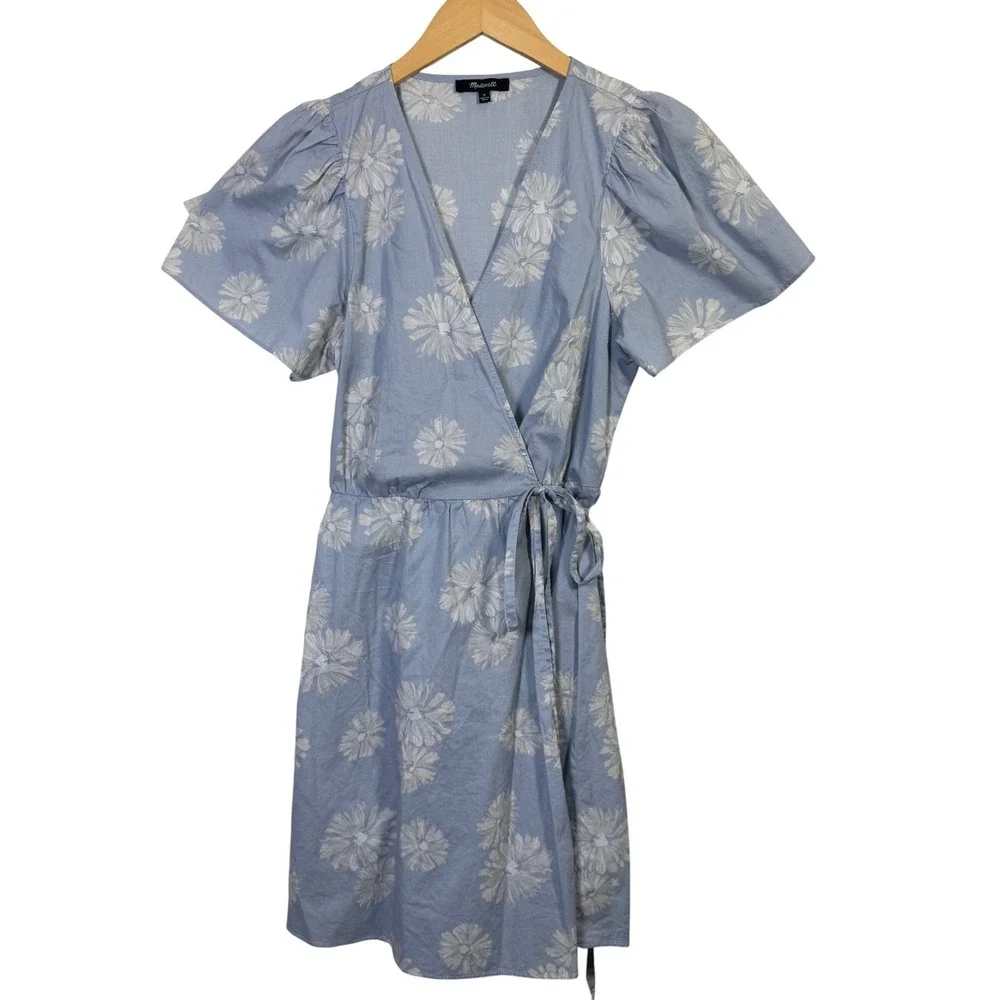 Madewell Womens Dress Medium Floral Wrap Mini Puff Sleeve Blue White Lightweight